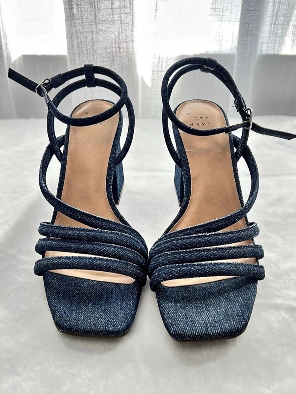 Blue Denim Strappy Heels Wrap Ankle Square Toe Block Heel 8.5 NWOT Y2K Sandals